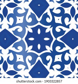 Ceramic tiles azulejo portugal. Vector seamless pattern watercolor. Geometric design. Blue ethnic background for T-shirts, scrapbooking, linens, smartphone cases or bags.