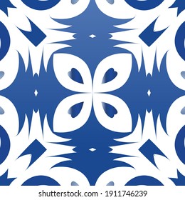 Ceramic tiles azulejo portugal. Vector seamless pattern arabesque. Fashionable design. Blue ethnic background for T-shirts, scrapbooking, linens, smartphone cases or bags.