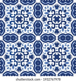 Ceramic tiles azulejo portugal. Vector seamless pattern illustration. Original design. Blue ethnic background for T-shirts, scrapbooking, linens, smartphone cases or bags.