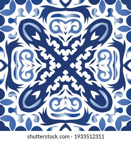 Ceramic tiles azulejo portugal. Vector seamless pattern illustration. Universal design. Blue ethnic background for T-shirts, scrapbooking, linens, smartphone cases or bags.