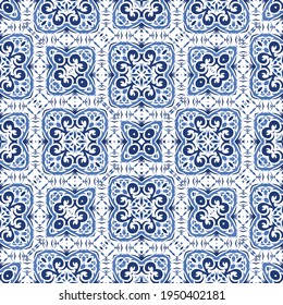 Ceramic tiles azulejo portugal. Vector seamless pattern arabesque. Modern design. Blue ethnic background for T-shirts, scrapbooking, linens, smartphone cases or bags.