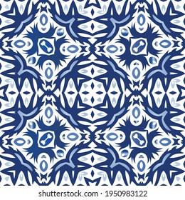 Ceramic tiles azulejo portugal. Vector seamless pattern concept. Fashionable design. Blue ethnic background for T-shirts, scrapbooking, linens, smartphone cases or bags.