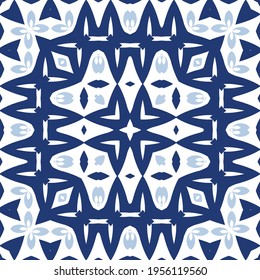 Ceramic tiles azulejo portugal. Vector seamless pattern concept. Fashionable design. Blue ethnic background for T-shirts, scrapbooking, linens, smartphone cases or bags.