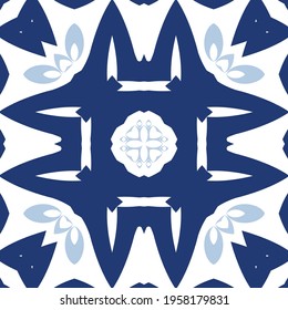 Ceramic tiles azulejo portugal. Vector seamless pattern concept. Fashionable design. Blue ethnic background for T-shirts, scrapbooking, linens, smartphone cases or bags.