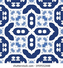 Ceramic tiles azulejo portugal. Vector seamless pattern template. Geometric design. Blue ethnic background for T-shirts, scrapbooking, linens, smartphone cases or bags.