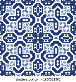 Ceramic tiles azulejo portugal. Vector seamless pattern template. Geometric design. Blue ethnic background for T-shirts, scrapbooking, linens, smartphone cases or bags.