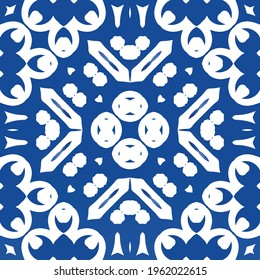 Ceramic tiles azulejo portugal. Vector seamless pattern template. Graphic design. Blue ethnic background for T-shirts, scrapbooking, linens, smartphone cases or bags.