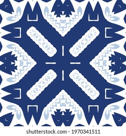 Ceramic tiles azulejo portugal. Vector seamless pattern concept. Fashionable design. Blue ethnic background for T-shirts, scrapbooking, linens, smartphone cases or bags.