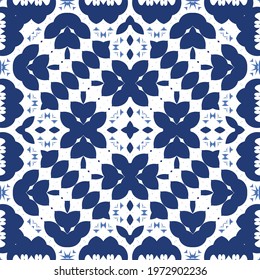 Ceramic tiles azulejo portugal. Vector seamless pattern template. Geometric design. Blue ethnic background for T-shirts, scrapbooking, linens, smartphone cases or bags.