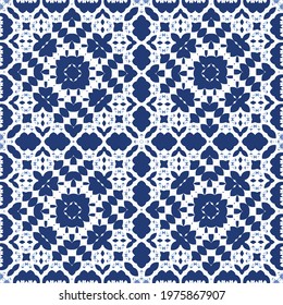 Ceramic tiles azulejo portugal. Vector seamless pattern template. Geometric design. Blue ethnic background for T-shirts, scrapbooking, linens, smartphone cases or bags.