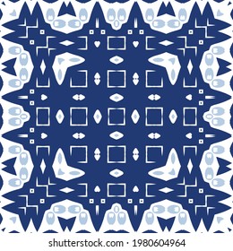Baldosas de cerámica azulejo portugal. Concepto de patrón sin fisuras de vectores. Diseño de moda. Antecedentes étnicos azules para camisetas, scrapbooking, ropa de cama, estuches o bolsos para smartphones.