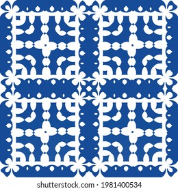Ceramic tiles azulejo portugal. Vector seamless pattern template. Graphic design. Blue ethnic background for T-shirts, scrapbooking, linens, smartphone cases or bags.