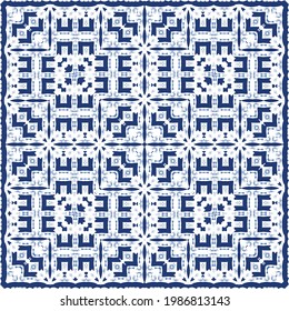 Ceramic tiles azulejo portugal. Vector seamless pattern template. Geometric design. Blue ethnic background for T-shirts, scrapbooking, linens, smartphone cases or bags.