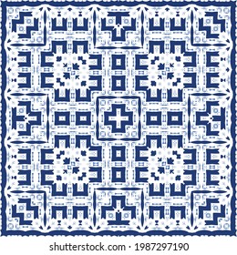 Ceramic tiles azulejo portugal. Vector seamless pattern template. Geometric design. Blue ethnic background for T-shirts, scrapbooking, linens, smartphone cases or bags.