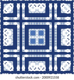 Keramikfliesen Azulejo portugal. Vektornahtlose Mustervorlage. Geometrisches Design. Blauer ethnischer Hintergrund für T-Shirts, Scrapbooking, Wäsche, Smartphone-Kisten oder Taschen.