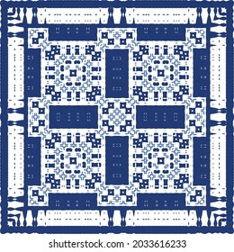 Ceramic tiles azulejo portugal. Vector seamless pattern template. Geometric design. Blue ethnic background for T-shirts, scrapbooking, linens, smartphone cases or bags.