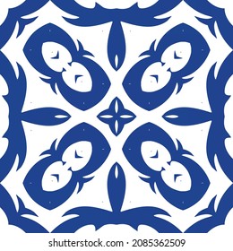 Ceramic tiles azulejo portugal. Vector seamless pattern concept. Original design. Blue ethnic background for T-shirts, scrapbooking, linens, smartphone cases or bags.