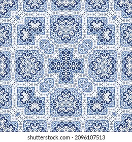Ceramic tiles azulejo portugal. Vector seamless pattern arabesque. Modern design. Blue ethnic background for T-shirts, scrapbooking, linens, smartphone cases or bags.