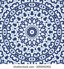 Ceramic tiles azulejo portugal. Vector seamless pattern illustration. Original design. Blue ethnic background for T-shirts, scrapbooking, linens, smartphone cases or bags.