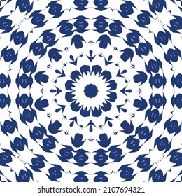 Ceramic tiles azulejo portugal. Vector seamless pattern illustration. Original design. Blue ethnic background for T-shirts, scrapbooking, linens, smartphone cases or bags.