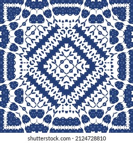 Ceramic tiles azulejo portugal. Vector seamless pattern illustration. Original design. Blue ethnic background for T-shirts, scrapbooking, linens, smartphone cases or bags.
