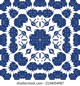 Ceramic tiles azulejo portugal. Vector seamless pattern illustration. Original design. Blue ethnic background for T-shirts, scrapbooking, linens, smartphone cases or bags.