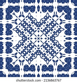 Ceramic tiles azulejo portugal. Vector seamless pattern illustration. Original design. Blue ethnic background for T-shirts, scrapbooking, linens, smartphone cases or bags.