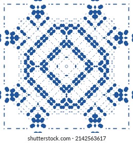 Ceramic tiles azulejo portugal. Vector seamless pattern poster. Minimal design. Blue ethnic background for T-shirts, scrapbooking, linens, smartphone cases or bags.