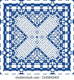 Ceramic tiles azulejo portugal. Vector seamless pattern collage. Minimal design. Blue ethnic background for T-shirts, scrapbooking, linens, smartphone cases or bags.