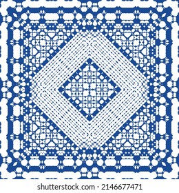 Ceramic tiles azulejo portugal. Vector seamless pattern collage. Minimal design. Blue ethnic background for T-shirts, scrapbooking, linens, smartphone cases or bags.