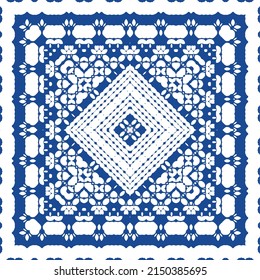 Ceramic tiles azulejo portugal. Vector seamless pattern collage. Minimal design. Blue ethnic background for T-shirts, scrapbooking, linens, smartphone cases or bags.
