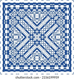 Ceramic tiles azulejo portugal. Vector seamless pattern collage. Minimal design. Blue ethnic background for T-shirts, scrapbooking, linens, smartphone cases or bags.