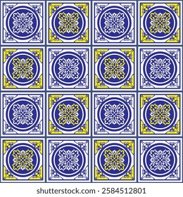 Ceramic tiles azulejo. Portuguese azulejo. Moroccan tile mosaic. Spanish porcelain, pottery. Ceramic tableware. Mediterranean seamless pattern for ceramic tile, wallpaper, print, cards, linoleum