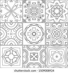 ceramic tiles, black lines on a white background. seamless pattern. drawing for the coloring book. vector illustration.