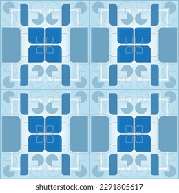 Ceramic tiles in blue tones. Tile, ornaments, rectangle and circles. Decorative pottery design, vector illustration. Repetition.