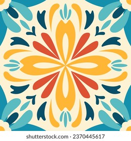 Las baldosas de cerámica de diseño clásico presentan intrincados motivos florales y de hoja, destacando la decoración. Tonos rojos, amarillos y verdes. Mosaico floral de México.	