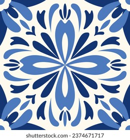 Ceramic tiles in a classic design feature intricate floral and leaf motifs, highlighting. Lisbon floral mosaic. Mediterranean seamless navy blue ornament. Majolica. Spanish pattern.