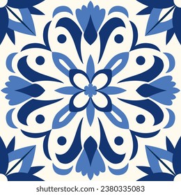 Keramikfliesen in klassischem Design sind mit aufwändigen Blumenmotiven und Blattmotiven versehen, die besonders hervorgehoben werden. mediterrane, nahtlose marineblaue Ornamente. Majolika. Spanisches Muster. Barocke Vektormosaik.