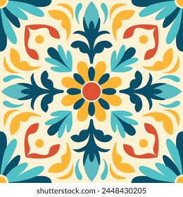 Ceramic tiles display intricate floral and leaf designs in a classic style, with vibrant red, yellow, and green hues. This mosaic reflects Mexico's floral beauty.