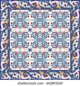 Ceramic tiles with edge vintage patterns. Vector  Color mosaic arabesque style illustration