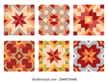 Ceramic tiles floor background set with classic pattern in worm palette. Geometric mosaic seamless pattern, ornament for paquet, patchwork, fabric, textile, wallpaper, wrapping paper