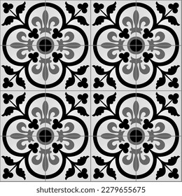 Ceramic Tiles. Hydraulic Portuguese ceramic design. Floral decorative ornament in Black and white.  