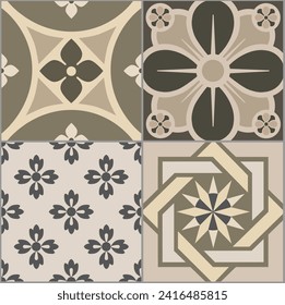 Ceramic Tiles. Hydraulic Portuguese ceramic design. Floral and geometric decorative ornament. Four different types. EPS Illustration.