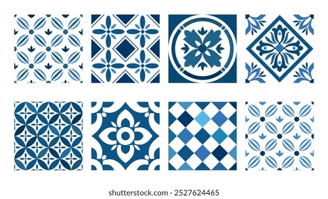 Baldosas cerámicas con un diseño estilizado italiano. Un conjunto de azulejos azules étnicos mediterráneos. Clipart de Vector ilustrado. 