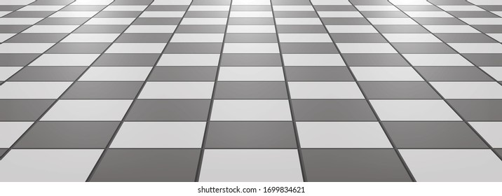 Keramikfliesen in der Küche oder Badezimmerschachtel auf dem Boden 3d. Realistische schwarz-weiße quadratische Terrakotta. Perspektive und Licht - Vektorillustration Illustration.