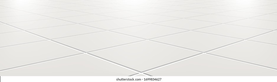 Ceramic tiles in the kitchen or bathroom on the floor 3d. Realistic white square terracotta. Perspective and light - vector illustration. - Shutterstock ID 1699834627