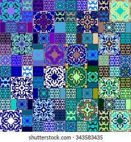 Ceramic tiles Mega set. Colorful vintage tiles with Moroccan floral and geometrical patterns. Gradation of blue, purple and green shadows. Backgrounds & textures shop.