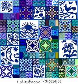 Ceramic tiles Mega set. Colorful vintage tiles with floral and geometrical and hand drawn patterns. Gradation of blue, purple and green shadows. Backgrounds & textures shop.