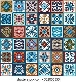 Baldosas cerámicas Mega set. Baldosas de color vintage con motivos florales y geométricos marroquíes. Gradación de las sombras azul, marrón y beige. Antecedentes 
