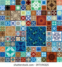 Ceramic tiles mega set. Marine motifs, ethnic ornaments, bohemian elements. Hand drawn mosaic spirals, roses, mandalas. Moroccan, Tunisian, Spanish, Italian style. Green, blue and terracotta palette.